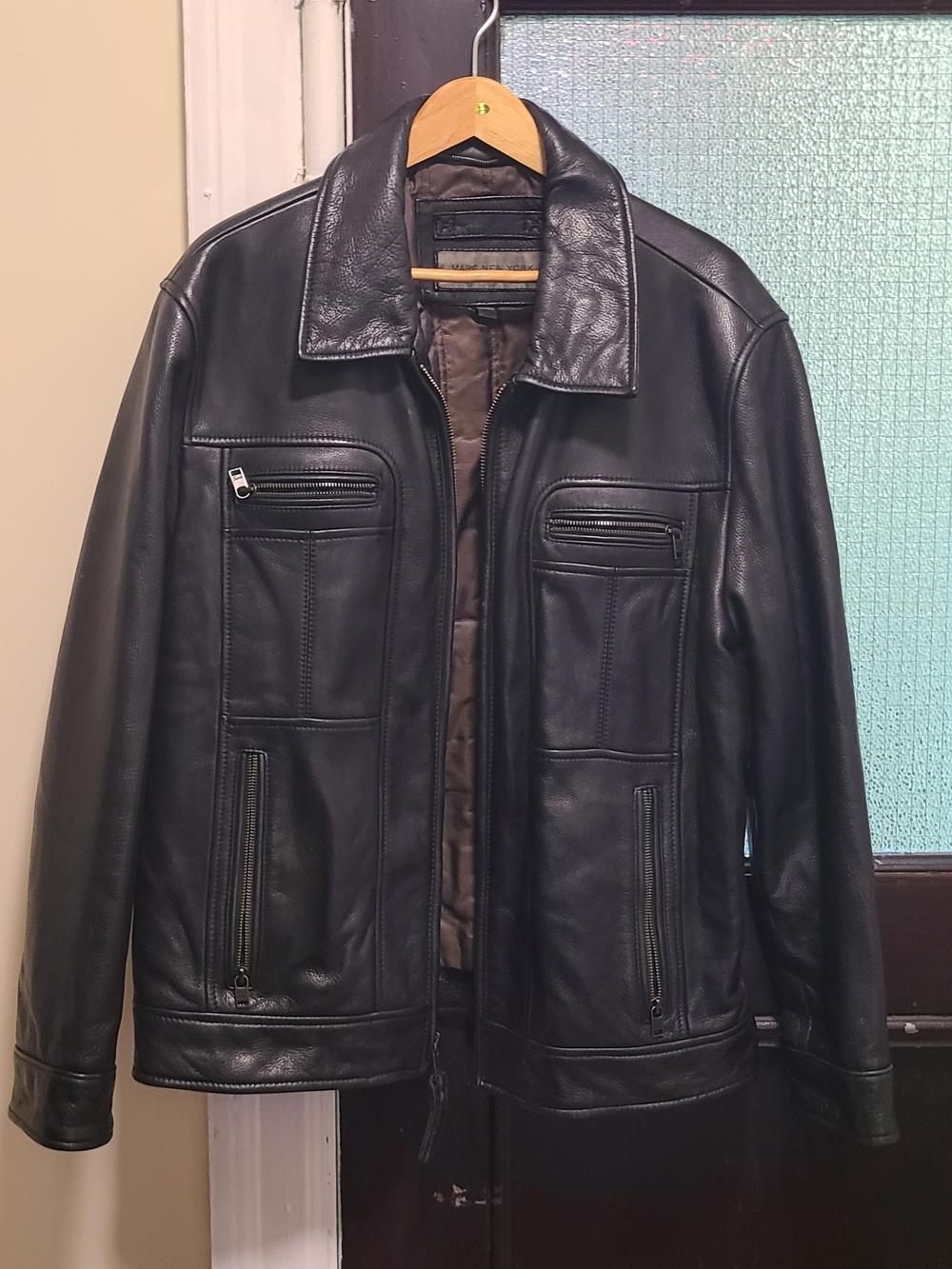 Marc New York Black Leather Bomber Jacket with Zip Pockets and Fold Collar